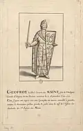 Dessin en gris sans couleur montrant un noble debout armé d'une épée dressée et d'un bouclier, sans décor ni inscription