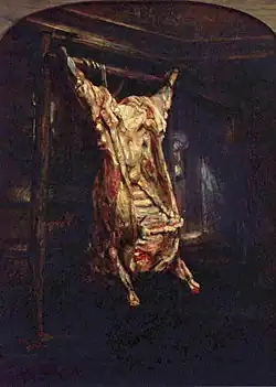 Clair-obscur caractéristique de ce peintre : La carcasse évidée d'un bœuf écorché suspendue par les pattes arrières largement écartées, avec ses rouges, jaunes et bleus, se détache de la pénombre qui laisse deviner la structure porteuse en bois.