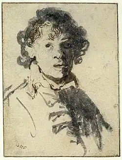 Dessin à l'encre grise sur un papier jaunâtre. Un homme regarde le spectateur avec un air surpris, la bouche ouverte.