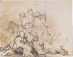 Dessin représentant plusieurs personnages d'une foule dans une attitude d'écoute attentive, mais la source de leur intérêt n'est pas représentée.
