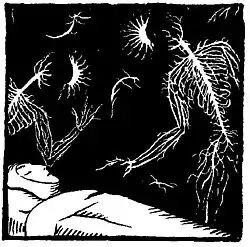 dessin en noir et blanc d'un homme alité entouré de deux silhouettes.