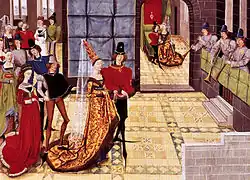 Enluminure représentant au centre un chevalier et sa dame en tête d'un cortège de 6 couples, trois musiciens jouant de la trompette sur une tribune le coté droit, et en arrière-plan l'ouverture d'une alcôve montre le même chevalier conversant avec sa dame, assis l'un et l'autre au pied d'un lit