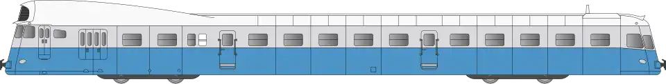 Autorail avec un bas de caisse bleu clair et un haut de caisse gris clair.