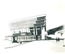 L'hôtel de ville de Boston en forme de pyramide renversée, dans un rendu&nbsp;(en) du début des années 1960, quelques années avant la proposition d'Henry Bernard pour la préfecture du Val-d'Oise.