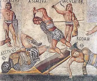 Dans cette «&nbsp;mosaïque des gladiateurs&nbsp;», certains portent un subligaculum (villa Borghèse).