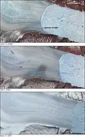 Évolution du retrait glaciaire de l'Helheim entre 2001 et 2005.
