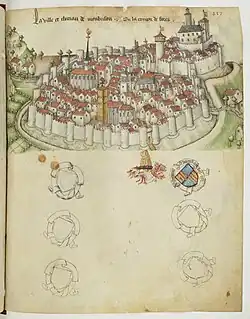 La ville et le château de Montbrison dans l'armorial de Guillaume Revel, vers 1450.