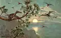 Interprétation de Heinrich Harder (1920), de Perodactylus avec des Rhamphorhynchus à longue queue sur la droite.