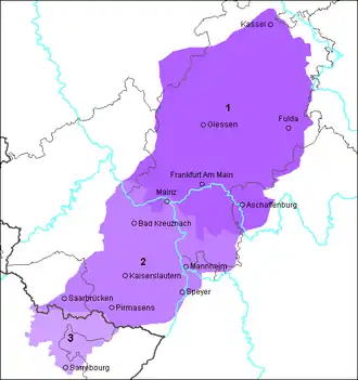 Au sud, la variante lorraine du francique rhénan en violet le plus clair