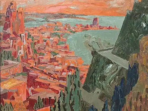 « Le soleil s'abaissait derrière les flots ; ses rayons arrivaient comme de longues flèches sur le cœur tout rouge. L'astre s'enfonçait dans la mer à mesure que les battements diminuaient ; à la dernière palpitation, il disparut. » Peinture de Richard Burgsthal, début du XXe siècle.