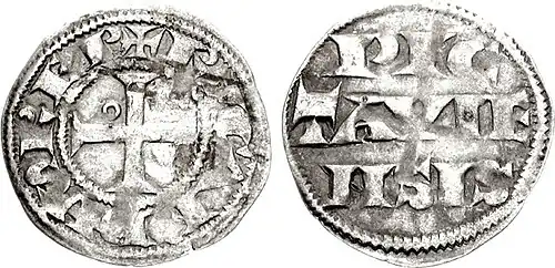 Pièce de Richard Cœur de Lion, comte de Poitiers ; comportant les inscriptions RICARDVS REX / PICTAVIENSIS.