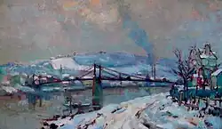 Le Pont d'Elbeuf sous la neige, huile sur toile, 54&nbsp;×&nbsp;92&nbsp;cm