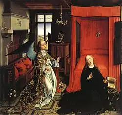 Annonciation flamande : ange agenouillé regardant femme en noir alitée, intérieur sombre et détaillé.