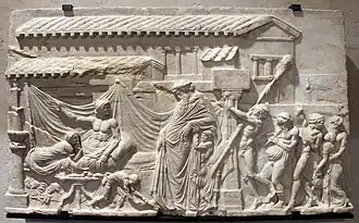Un poète reçoit Dionysos. Copie romaine/original du Ier&nbsp;siècle AEC, L. 129&nbsp;cm. Louvre