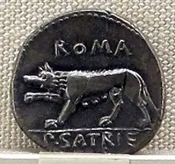 Louve sur une pièce de monnaie de la fin de la République romaine (vers 77 av. J.-C.)
