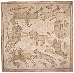 Mosaïque des fauves, musée de Honolulu, v. 450-520.