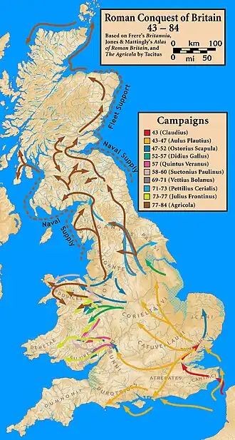Campagnes dans le nord de l'Angleterre de Vettius Bolanus (69-71), Petillius Cerialis (71-73) et au pays de Galles de Frontin (73-77)
