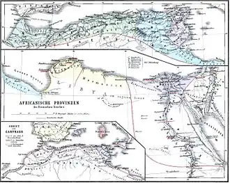 Carte de l'Africa Vetus et des royaumes clients de Numidie et de Maurétanie.  À l'époque de la révolte de Tacfarinas, la Numidie a déjà été intégrée à la province d'Africa Proconsularis.