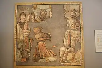 Mosaïque romaine représentant l'enlèvement de Briséis. Eurybate apparait tout à droite de la scène. Ie ou IIe sciècle après J-C.