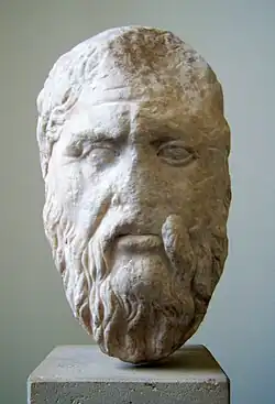 Portrait de Platon. Copie en marbre, d'après un original du milieu du IVe&nbsp;siècle avant notre ère. H. 35&nbsp;cm.