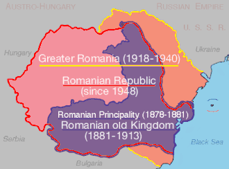 Évolution des frontières de la Roumanie depuis 1881 : le Vieux Royaume est en violet, les territoires gagnés par la « Grande Roumanie » en orange (perdus en 1945) et rose (conservés en 1945).