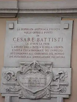 Plaque sur la demeure de Cesare Battisti à Rome.