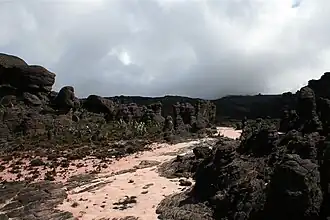 Formations rocheuses ruiniformes et dépôt de sable.