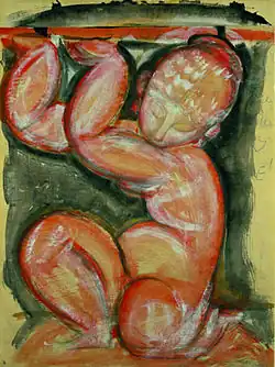 Peinture d'une figure féminine accroupie, bras et tête relevée soutenant comme un plateau