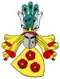 Blason avec 3 roses rouges à 5 pétales sur fond jaune