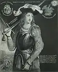 Gravure vers 1880 d'un tableau du XVIIe&nbsp;siècle ayant décoré l'ancien Hôtel-de-Ville de Rouen, musée des beaux-arts de Rouen. Extrait du texte «&nbsp;et comme une autre Judith, coupa la tête à l'Holopherne anglois... »