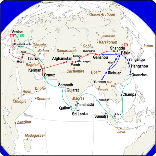 Itinéraires de Marco Polo (clic pour carte entière).En rouge, aller (1271-1294). – En bleu, missions en Chine (1275-1290). – En vert, retour (1292-1295). – En brun, lieux cités hors itinéraire certain.