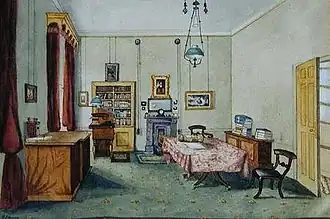 Michael Faraday :Son cabinet de travail à la Royal Institution.Aquarelle de Harriet Jane Moore&nbsp;(en).