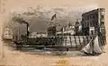 Royal Naval Hospital, Greenwich, a brick quay with wooden piers around it, with ships in the foreground, viewed from the river, pointe sèche (n. d., Wellcome Collection).