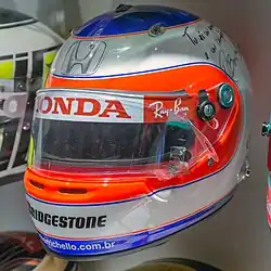 Le casque dédicacé que portait Rubens Barrichello lors du Grand Prix de Monaco 2007.