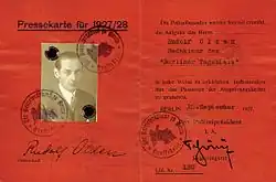 Rudolf Olden Carte de Presse 1927