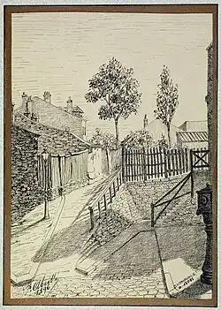 Le coin avec la rue de Patay en 1896 (dessin de F. Abeillé).