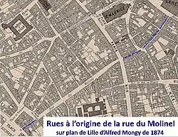 Anciennes rues ayant formé la rue du Molinel en 1924 sur plan de 1874