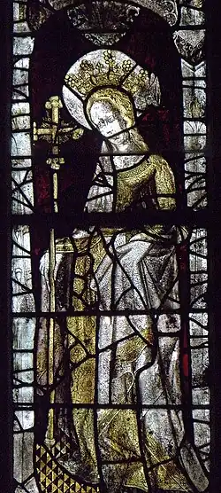 Photographie d'une lancette de vitrail représentant sainte Marguerite d'Antioche ou sainte Hélène