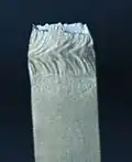 Rupture en traction d'une éprouvette en acier de section rectangulaire 10&nbsp;mm×3&nbsp;mm, avec plan de rupture à 45°