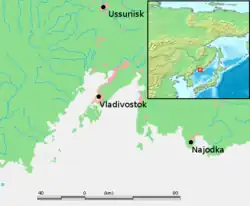 Carte de la position de Vladivostok dans le sud du Primorié