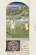 Fragment d'une page avec une miniature de fenaison au-dessus d'un texte orné de la lettrine D.
