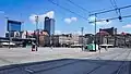 Les voies de tramway visibles.