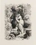 Gravure ancienne avec deux jeunes gens. Le jeune homme tient dans ses bras une jeune femme.