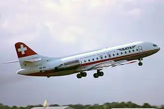 HB-ICK, la Caravelle impliquée dans l'accident, ici à l'aéroport de Londres-Gatwick en juin 1974