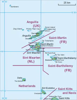 L'emplacement de Saint-Barthélémy par rapport à Saint-Martin et Saint-Christophe.
