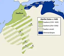 Carte du nord-ouest de l'Afrique délimitant une zone principale en rouge sur la côte atlantique, et une zone en vert, plus à l'Est, sur la frange méditerranéenne.
