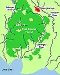 Situation de Palangka Raya par rapport aux fleuves Katingan, Sabangau et Kahayan.