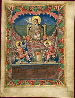 Folio 3r, Saint Grégoire dictant sous l'inspiration de la colombe du Saint Esprit à ses scribes