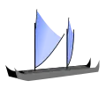 Plan de voile d'un wa'a kaulua hawaïen avec un gréement légèrement différent : voile partiellement roulée à l'arrière.