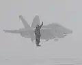Manœuvre d'arrivée d'un Boeing EA-18G Growler à Misawa Air Base sous une tempête de neige. Janvier 2013.